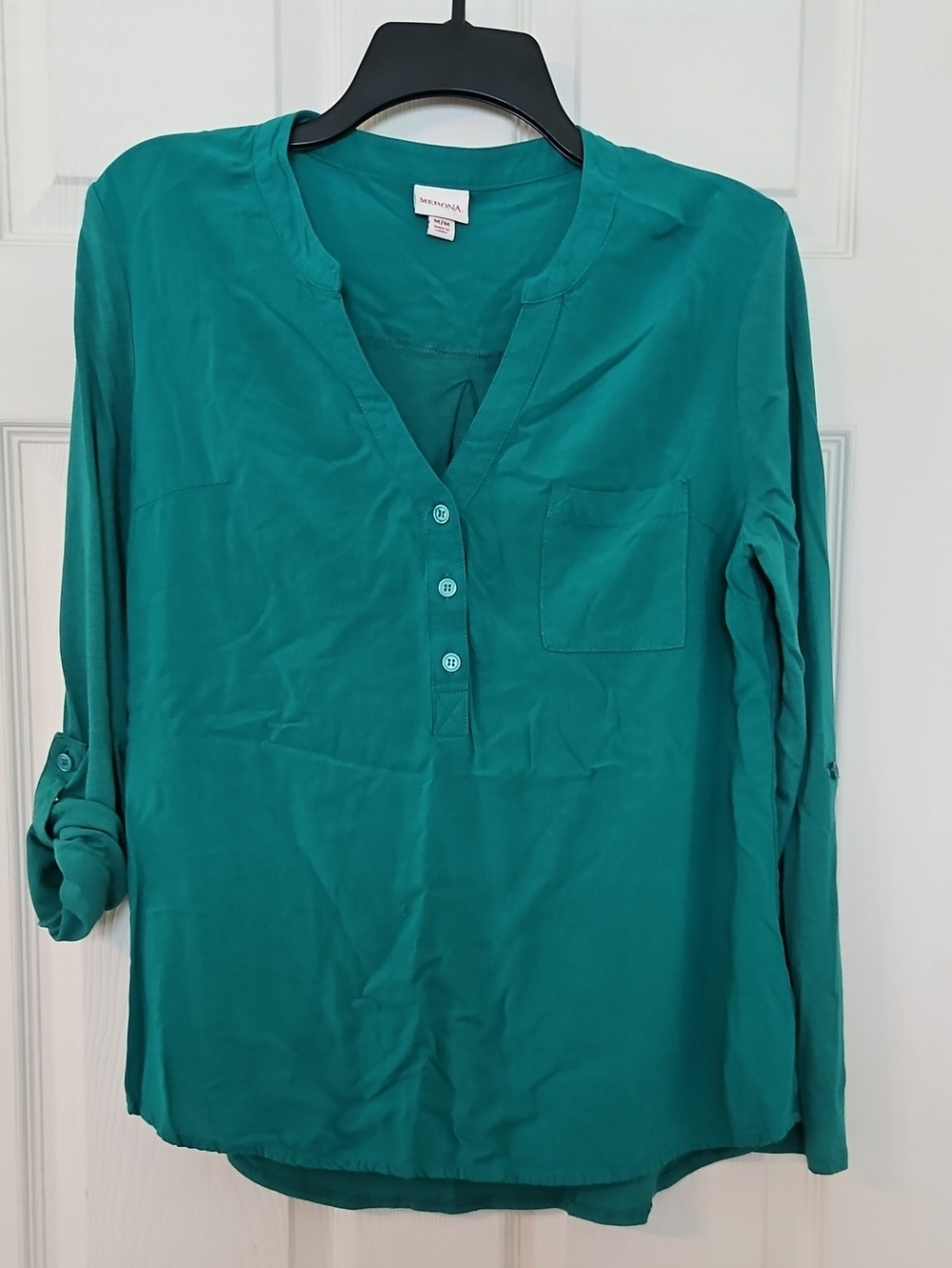 Merona Green Button-Front Split-Neck Blouse - Picture 1 of 5